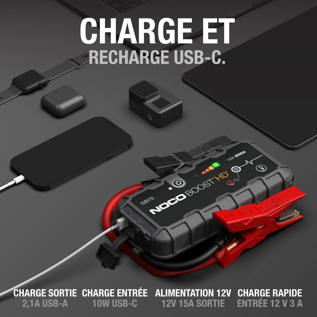 Booster de batterie GB70 12V 2000A avec powerbank et chargeur USB pour moteurs essence 8L diesel 6L