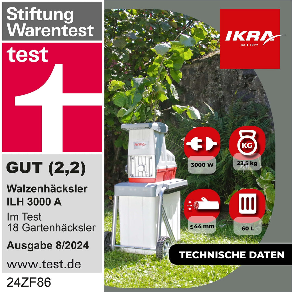 Elektro Gartenhäcksler Walzenhäcksler ILH 3000A mit 3000 Watt und Aststärke bis 44 mm, inkl. 60-Liter-Fangbox und Stopfer