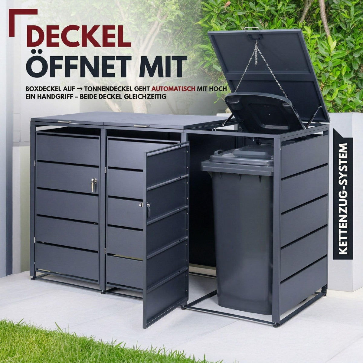 Mülltonnenbox 3er aus Metall für 120 bis 240 L Mülltonnen mit abschließbaren Türen 116 x 196 x 80 cm