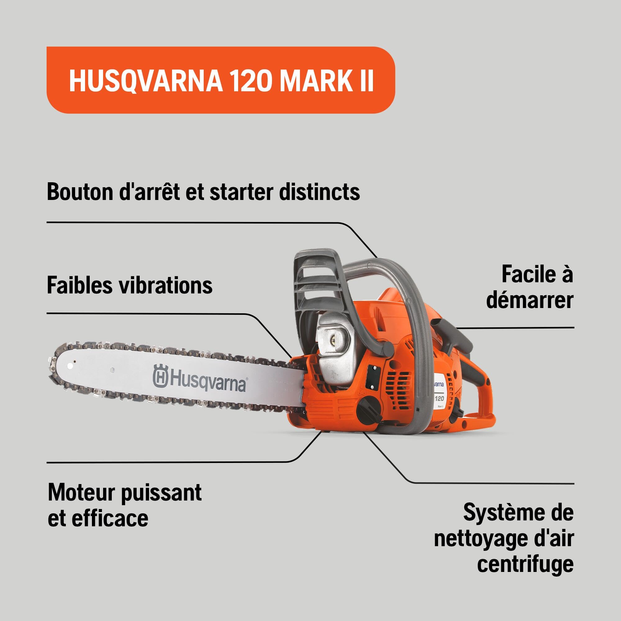 Tronçonneuse thermique 120 Mark II moteur X-Torq 38,2 cm³ guide 35 cm chaîne H37 modèle 967861903