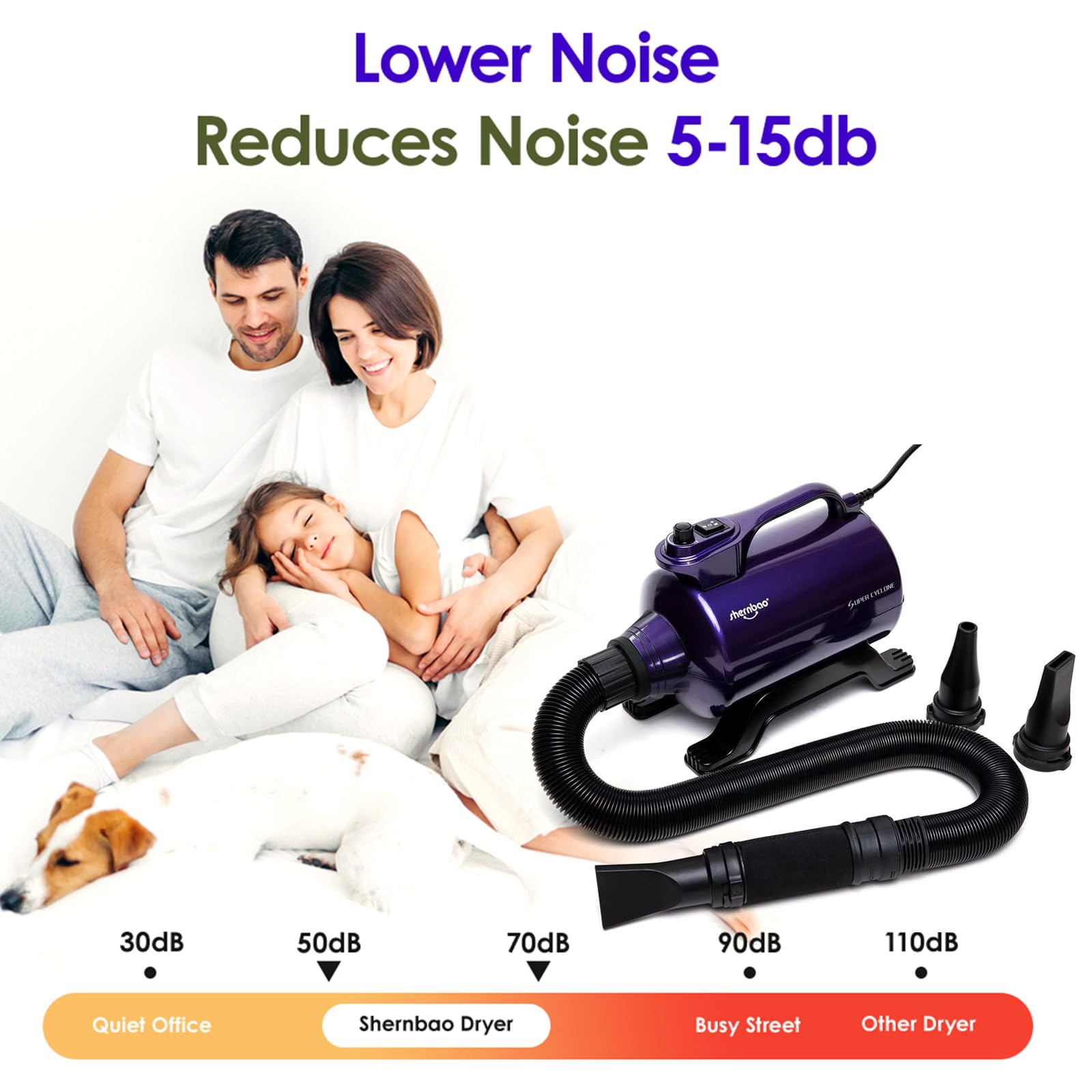 Sèche-cheveux pour chien SHD2600P pulseur haute vitesse 5.0 HP 2600 W avec vitesse réglable et accessoires de séchage