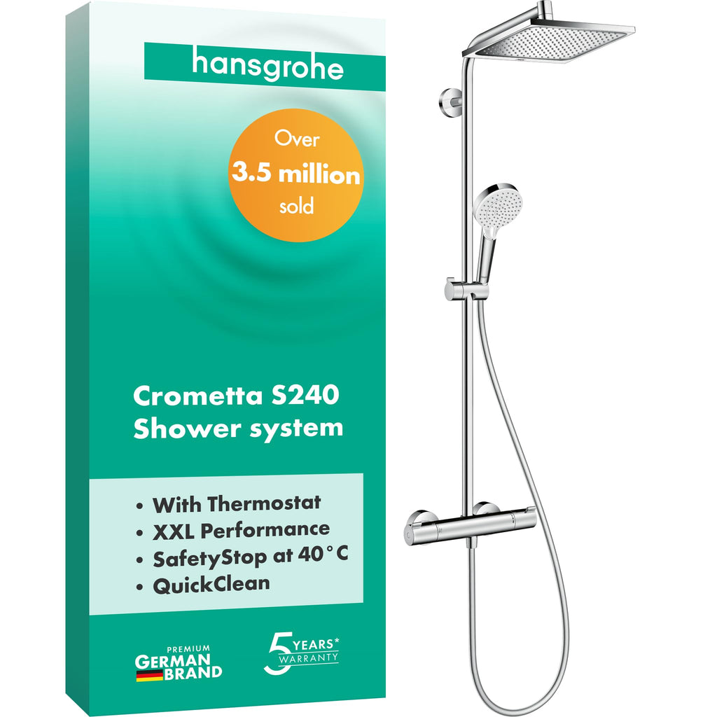 Duschsystem mit Thermostat Crometta E, Regendusche 240 x 240 mm und Handbrause mit 2 Strahlarten, inkl. Brausestange, Schlauch und Armatur, Chrom