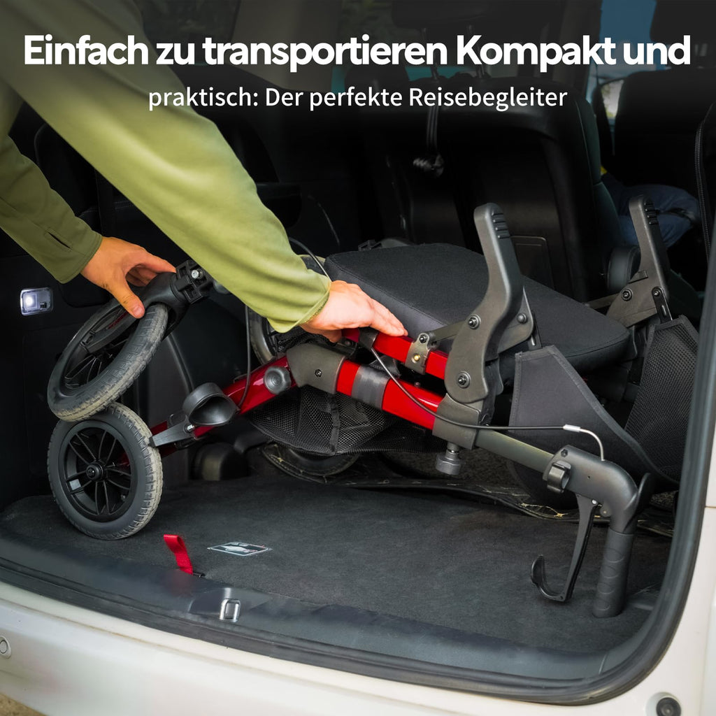 2-in-1 Rollstuhl Rollator faltbar aus Aluminium mit Sitz und Outdoor-Gummireifen, roter Gehwagen bis 136 kg