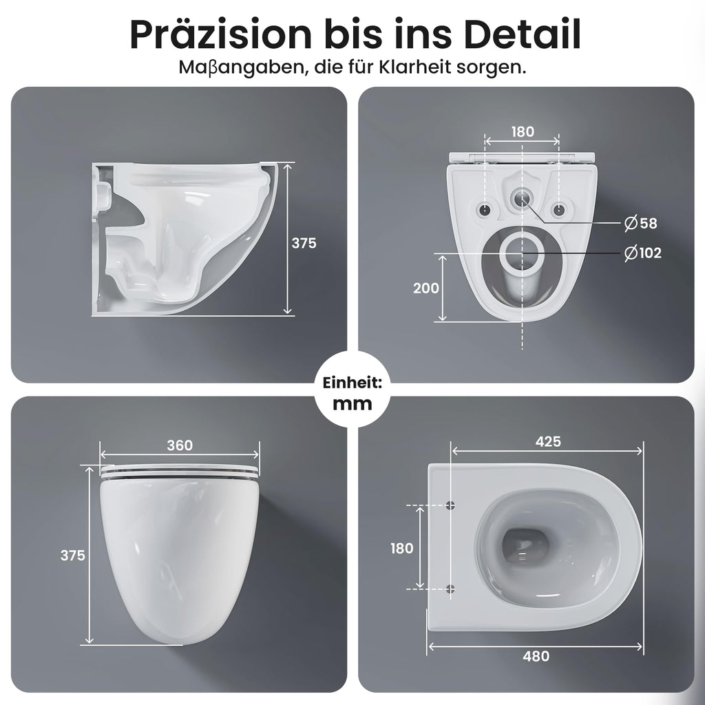 Spülrandloses Wand-WC CD-DT001, 48 cm Hänge-WC aus Keramik mit 360° Tornado-Spülung, Soft-Close UF-Sitz und 3–4,5 L Wasserverbrauch