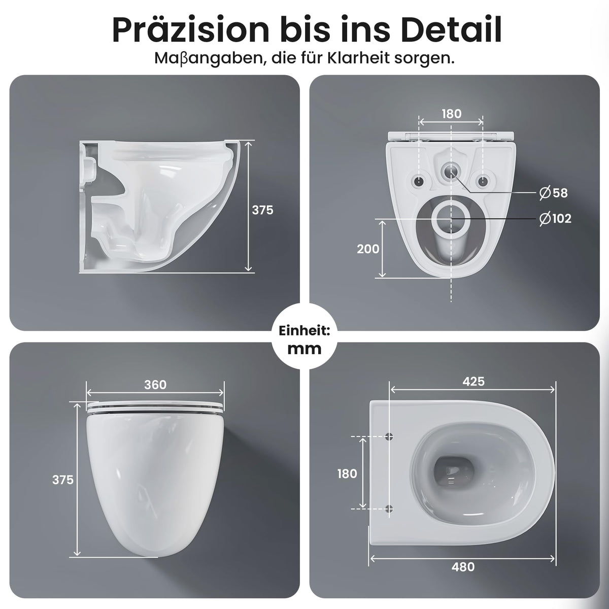 Spülrandloses Wand-WC CD-DT001, 48 cm Hänge-WC aus Keramik mit 360° Tornado-Spülung, Soft-Close UF-Sitz und 3–4,5 L Wasserverbrauch