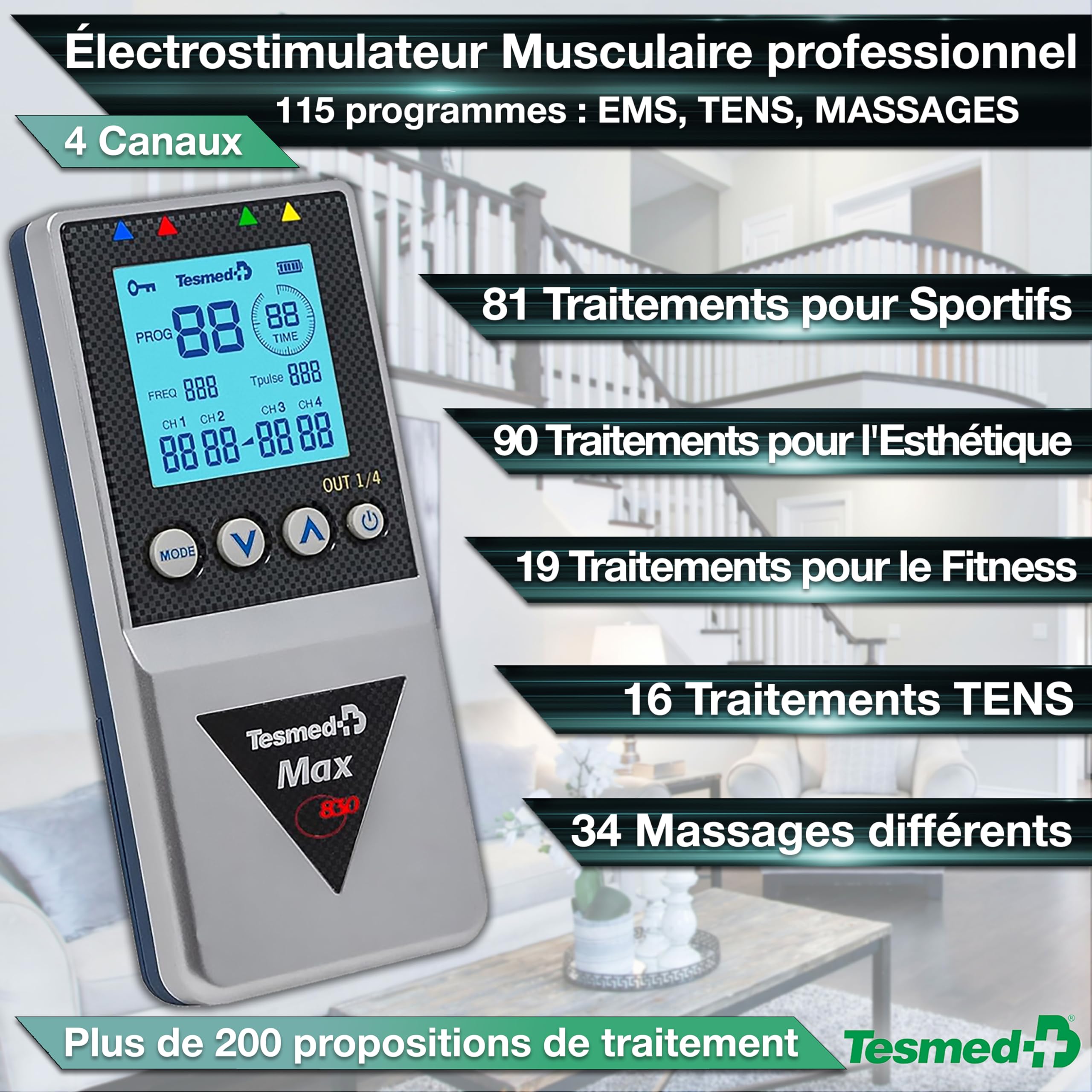 Électrostimulateur musculaire TENS EMS Max 830 4 canaux 115 programmes 20 électrodes incluses rechargeable