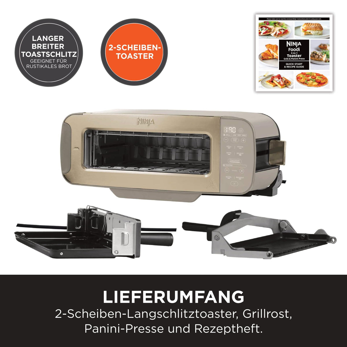 3-in-1 Toaster und Elektrogrill mit Deckel, 7 Kochfunktionen, für Toast, Bagel, Panini und Sandwiches, Stone Gold