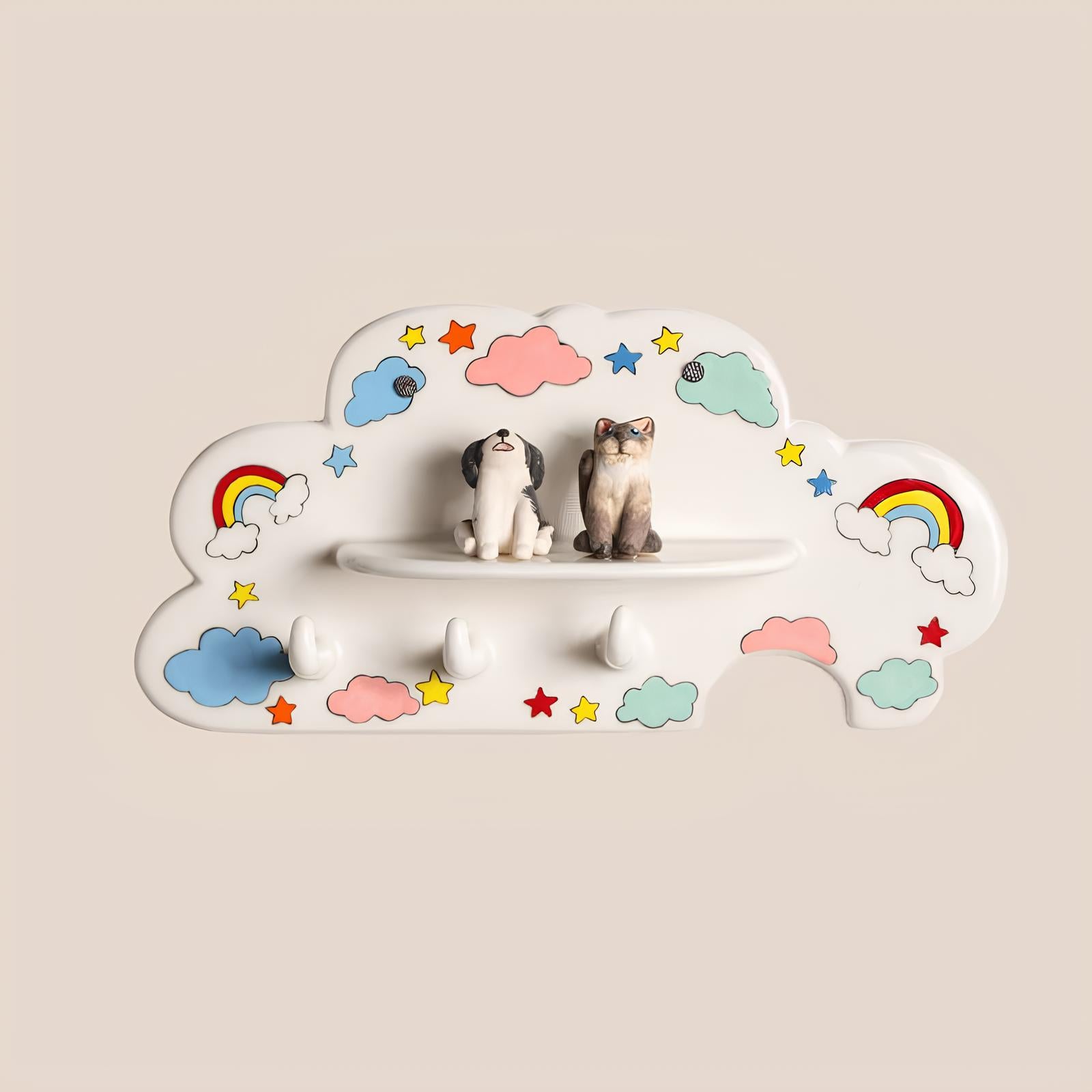 Porte-clés Arc-en-ciel Nuage Lunatique Portrait d'Animal 3D Chien Chat Crochet Mural Peint à la Main Céramique