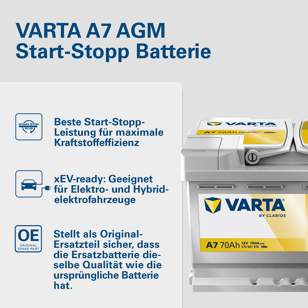 AGM Autobatterie 12V 70Ah 760A für Start-Stopp und xEV, wartungsfreie Starterbatterie