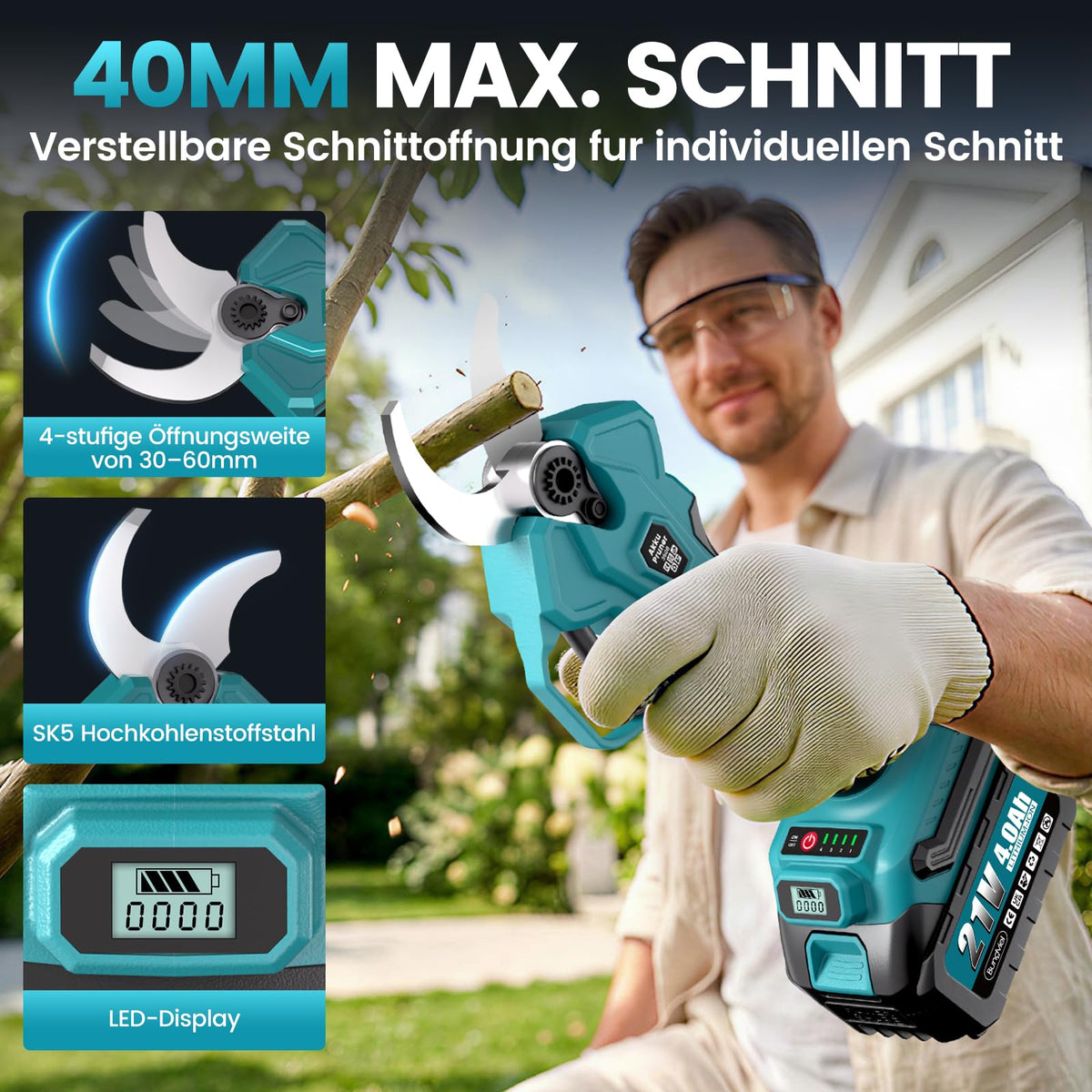 4-in-1 Akku-Hochentaster mit 6-Zoll-Mini-Kettensäge und Elektrischer Gartenschere, bürstenlos, 2x 4,0 Ah, bis 4 m
