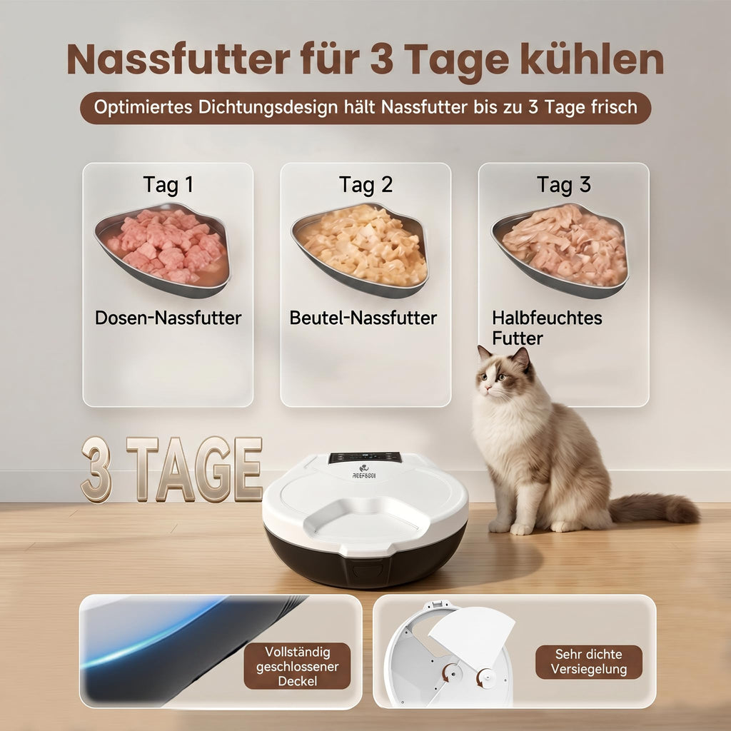 Automatischer Nassfutterautomat für Katzen mit Kühlung und Heizung, 5 Edelstahlschalen 304, 1,25 L, 3 Tage Frische