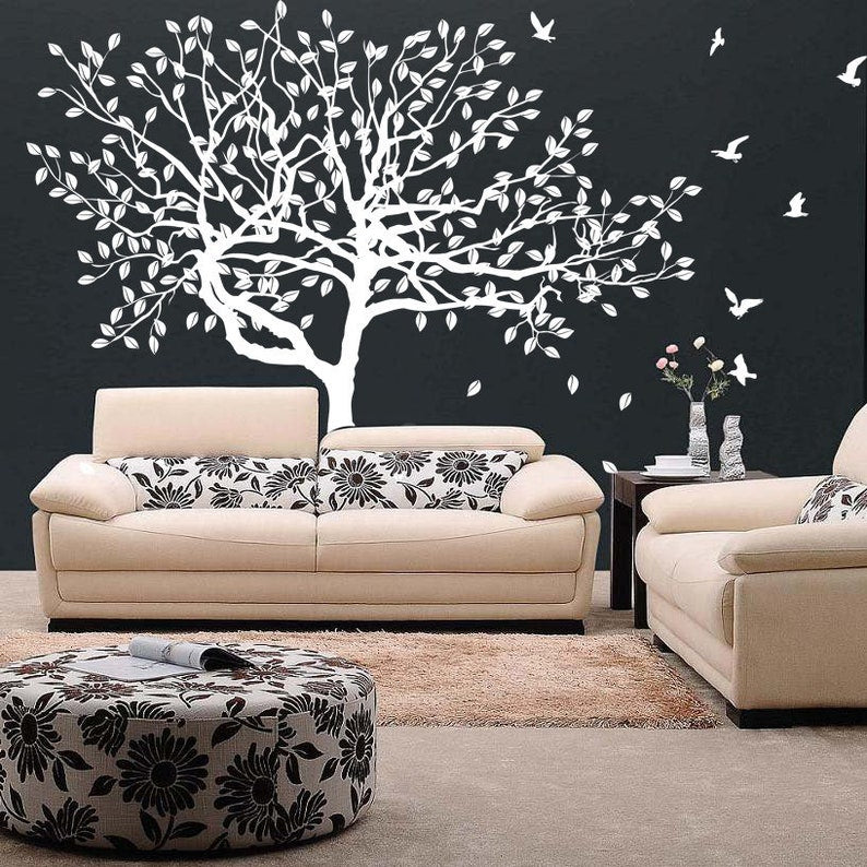 Sticker mural arbre bouleau vinyle - Autocollant forêt botanique nature feuilles