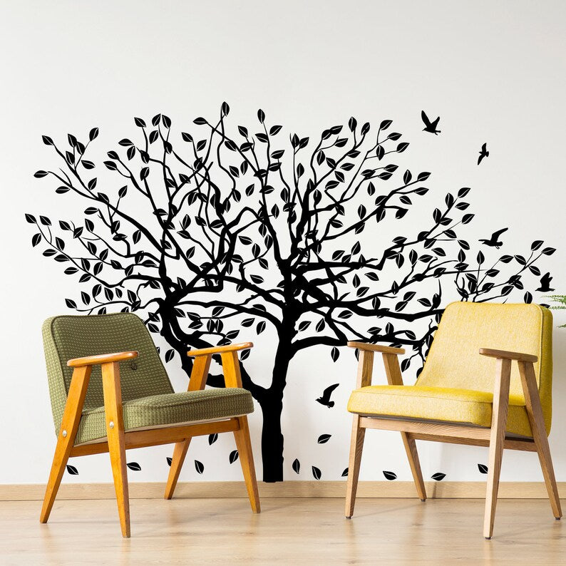 Sticker mural arbre bouleau vinyle - Autocollant forêt botanique nature feuilles