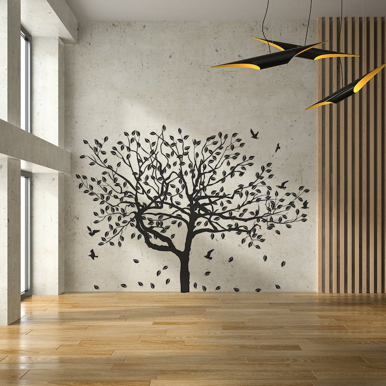 Sticker mural arbre bouleau vinyle - Autocollant forêt botanique nature feuilles
