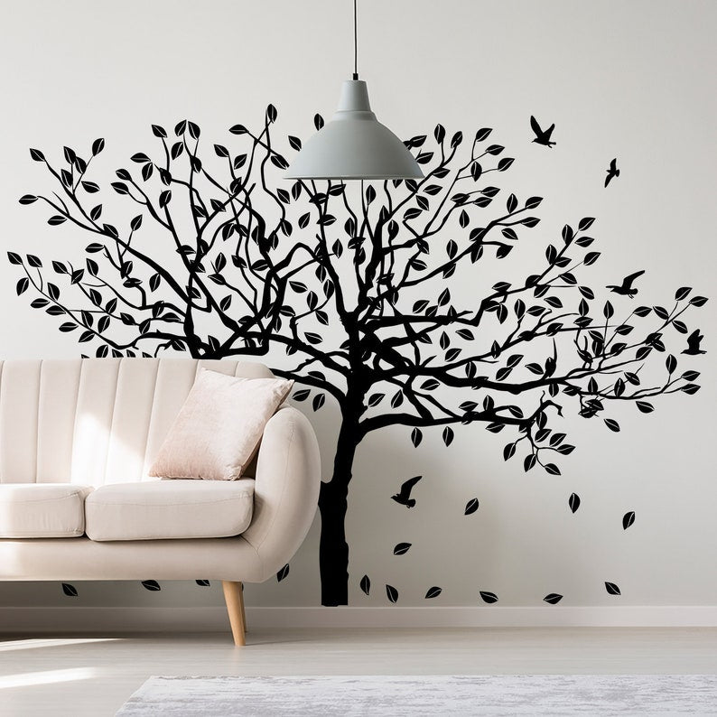 Sticker mural arbre bouleau vinyle - Autocollant forêt botanique nature feuilles