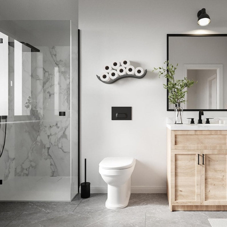 Porte papier toilette mural en bois gris vague, Rangement WC plusieurs rouleaux