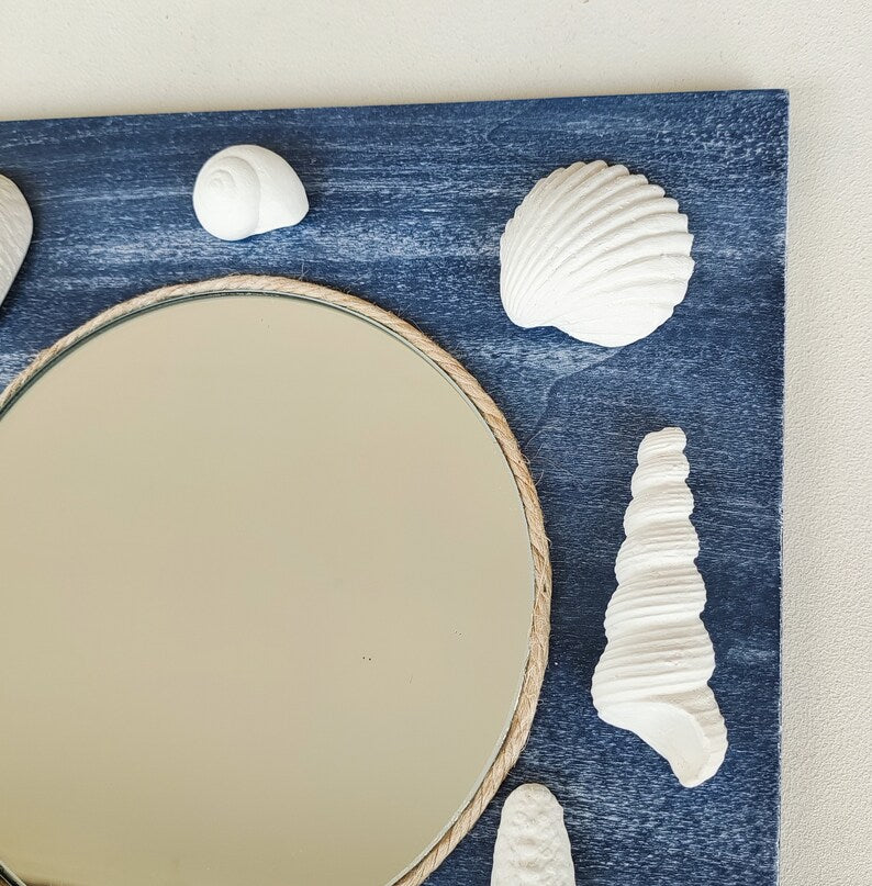 Miroir mural nautique avec coquillages en bois et plâtre, 25 cm, décoration côtière