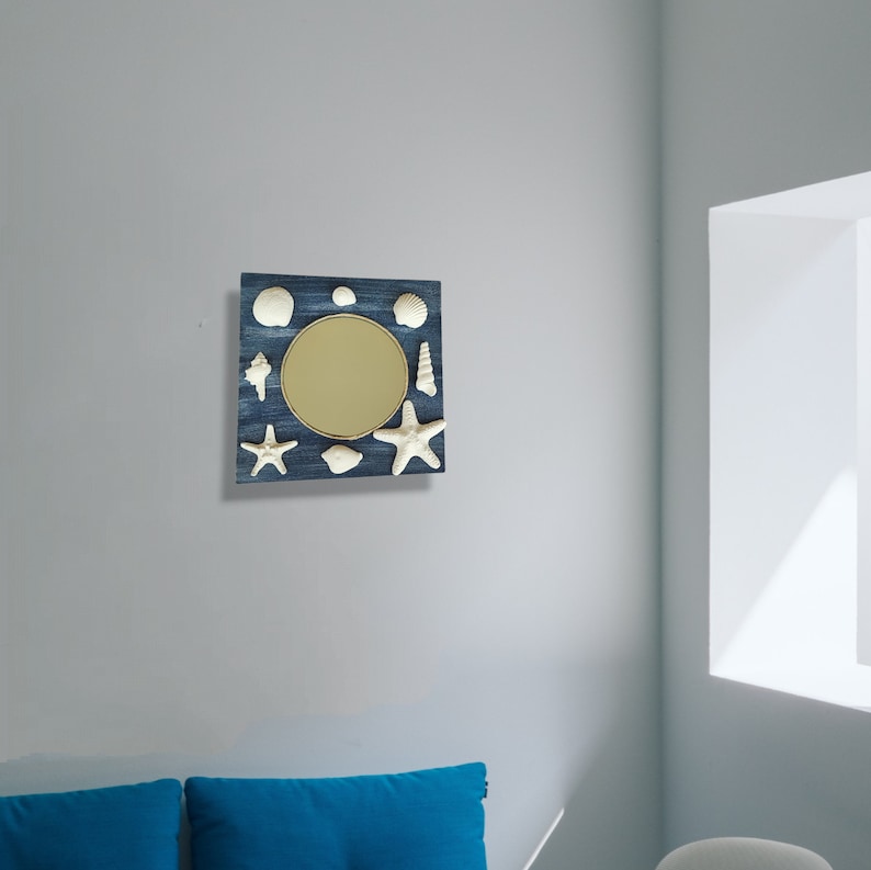 Miroir mural nautique avec coquillages en bois et plâtre, 25 cm, décoration côtière