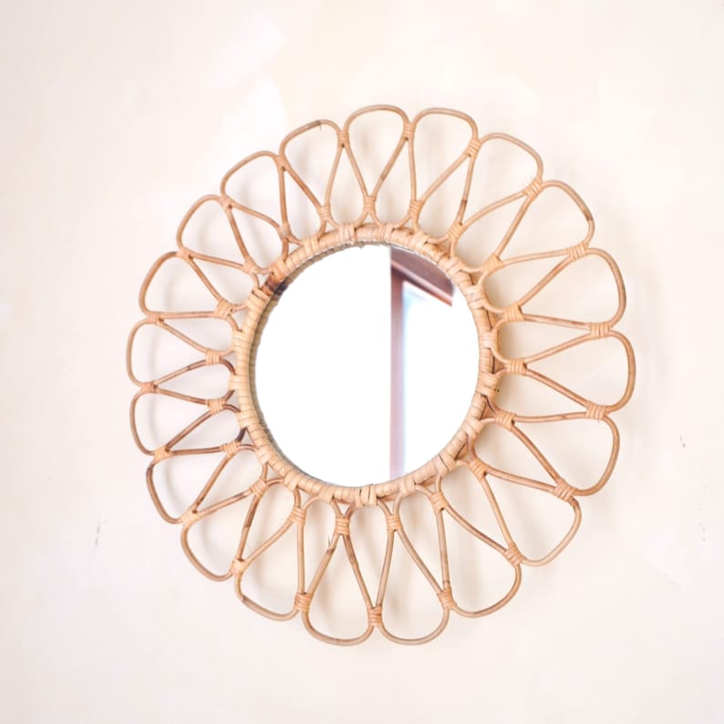 Miroir mural en rotin 38 cm, miroir rond bohème, décoration murale