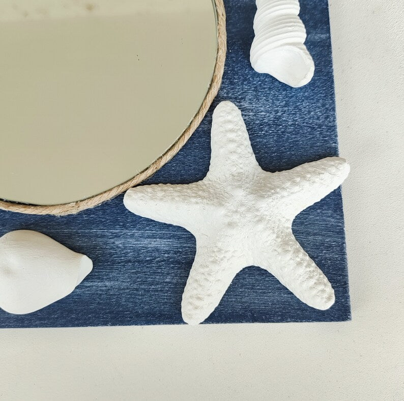 Miroir mural nautique avec coquillages en bois et plâtre, 25 cm, décoration côtière