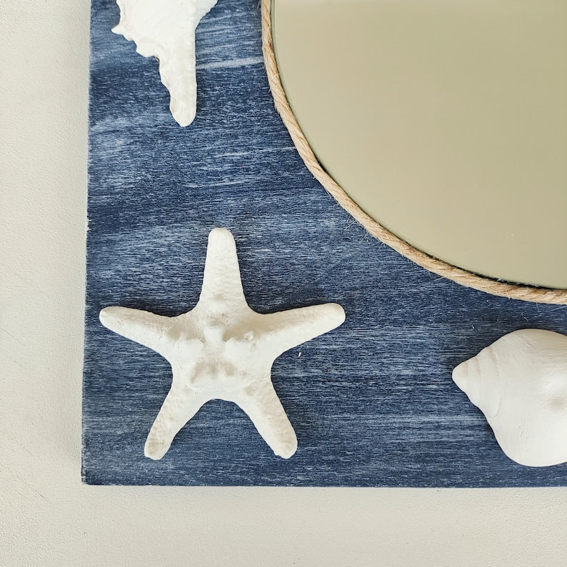 Miroir mural nautique avec coquillages en bois et plâtre, 25 cm, décoration côtière