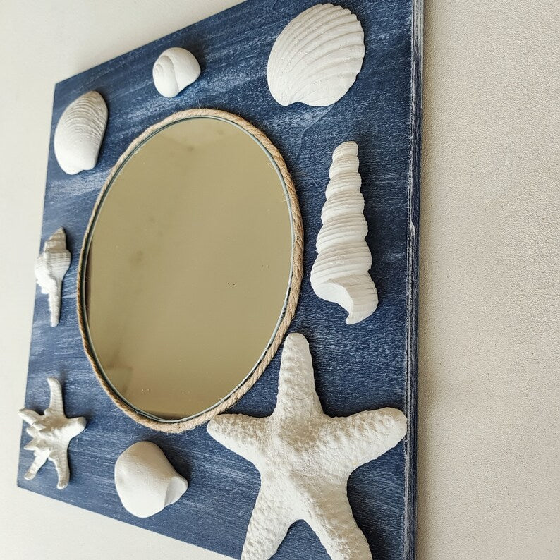 Miroir mural nautique avec coquillages en bois et plâtre, 25 cm, décoration côtière