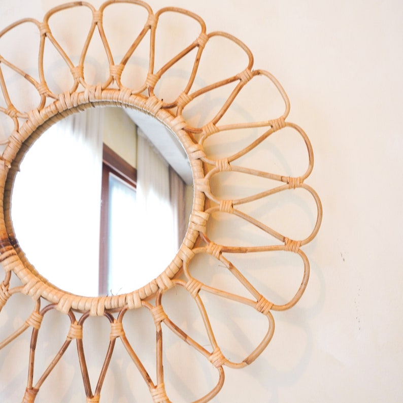 Miroir mural en rotin 38 cm, miroir rond bohème, décoration murale