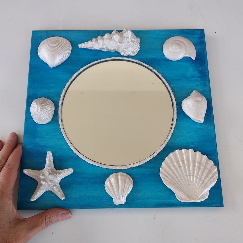 Miroir mural nautique coquillages blancs turquoise 25 cm décor plage
