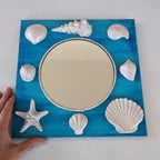 Miroir mural nautique coquillages blancs turquoise 25 cm décor plage