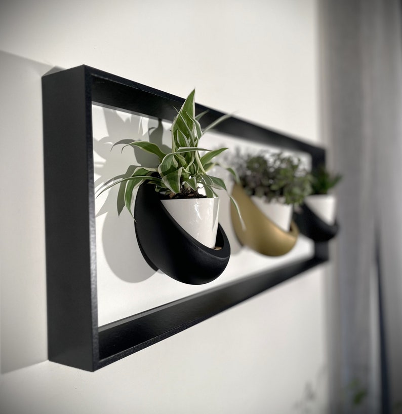 Cadre mural végétal magnétique 20x60 cm - 3 pots céramique - Support plantes noir mat