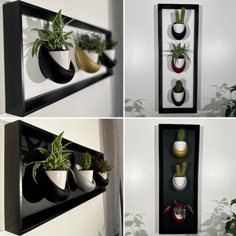 Cadre mural végétal magnétique 20x60 cm - 3 pots céramique - Support plantes noir mat