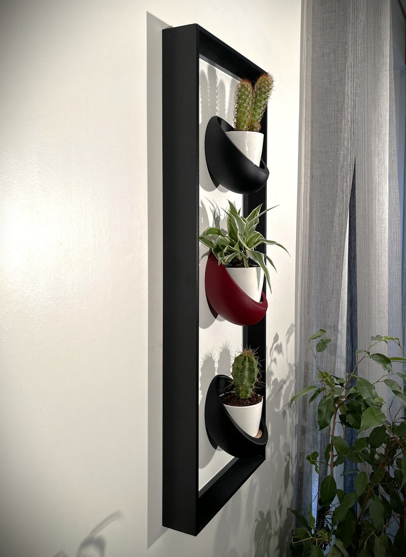 Cadre mural végétal magnétique 20x60 cm - 3 pots céramique - Support plantes noir mat