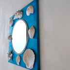 Miroir mural nautique coquillages blancs turquoise 25 cm décor plage