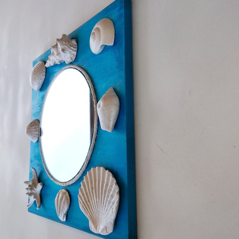 Miroir mural nautique coquillages blancs turquoise 25 cm décor plage