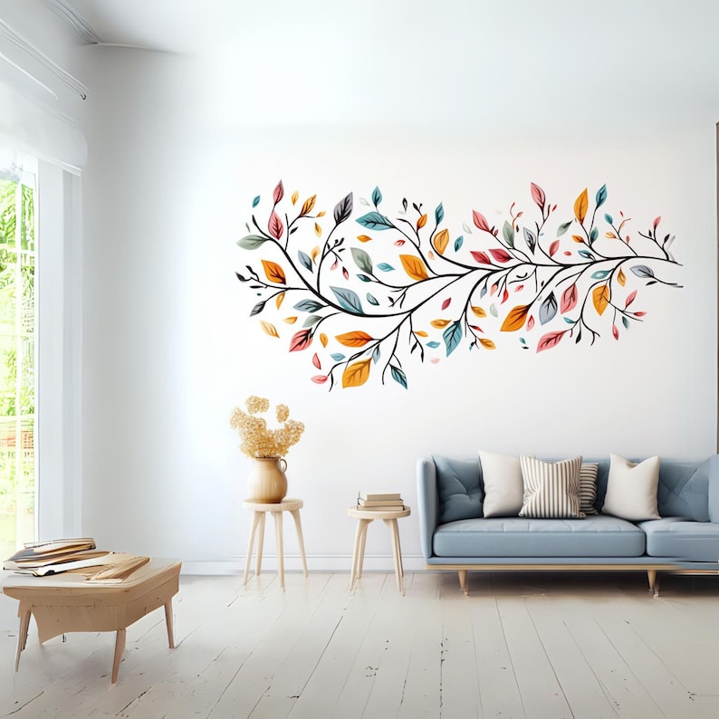 Sticker mural arbre stylisé avec feuilles colorées - Décalcomanie en vinyle moderne pour décoration de chambre