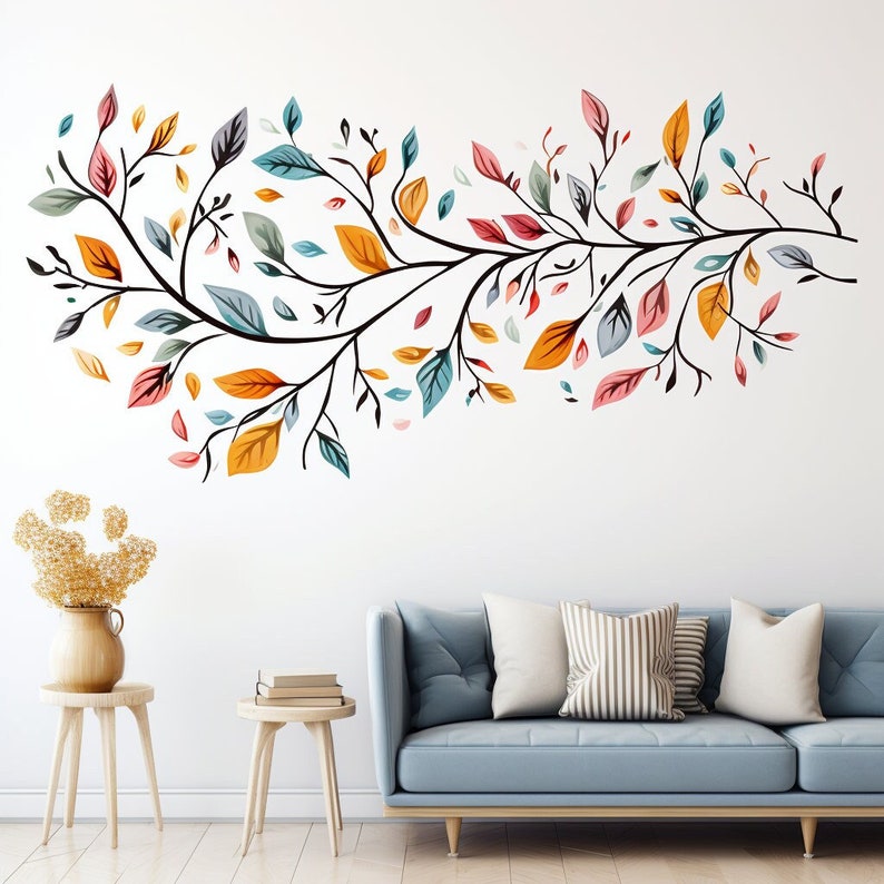 Sticker mural arbre stylisé avec feuilles colorées - Décalcomanie en vinyle moderne pour décoration de chambre