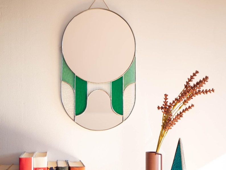 Miroir moderne style art déco en vitrail vert 43x27 cm