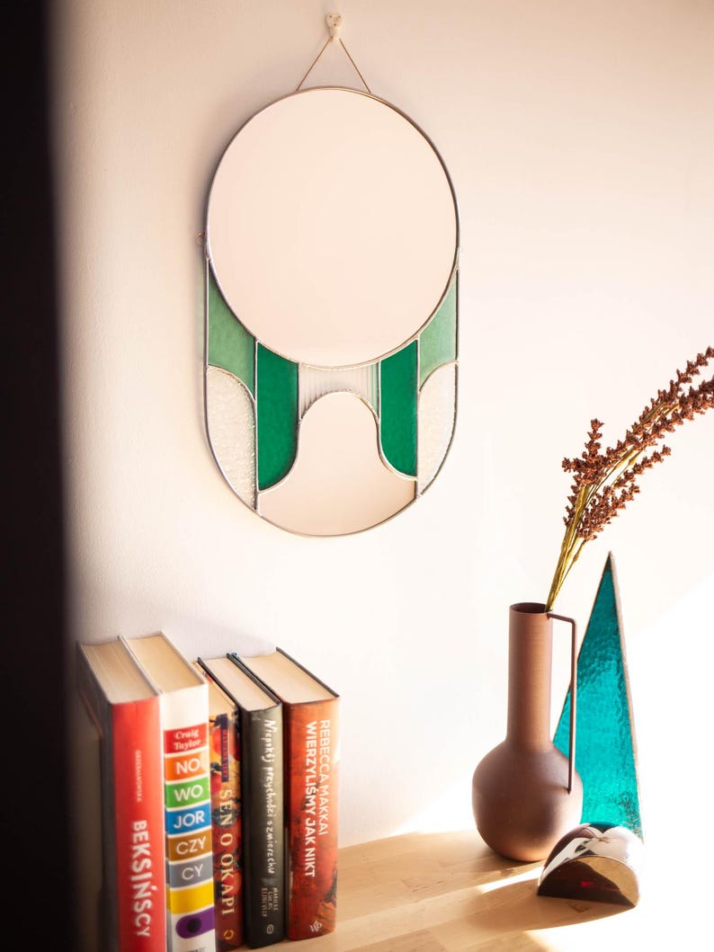 Miroir moderne style art déco en vitrail vert 43x27 cm
