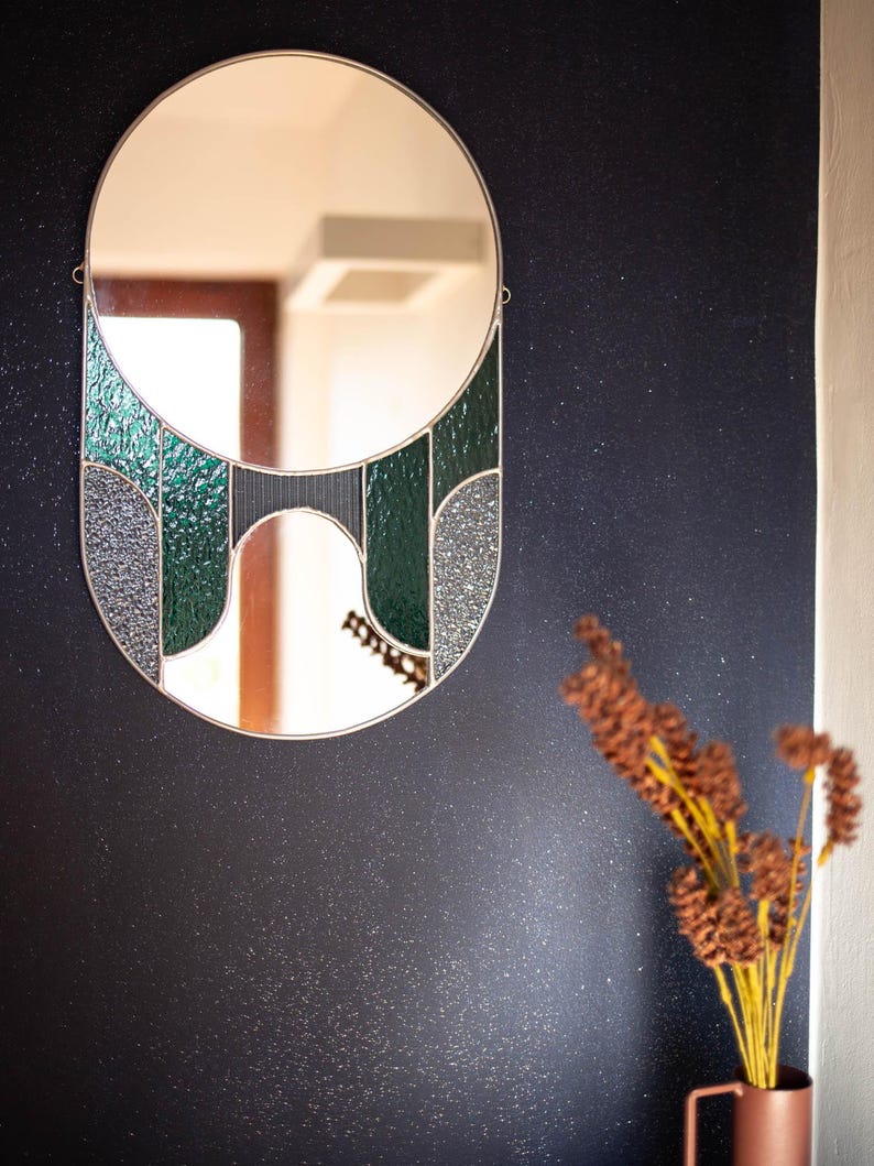 Miroir moderne style art déco en vitrail vert 43x27 cm