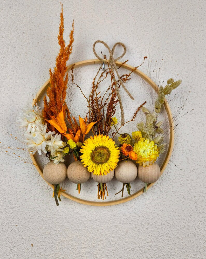 Couronne de fleurs séchées et d'herbes | Tenture murale artisanale