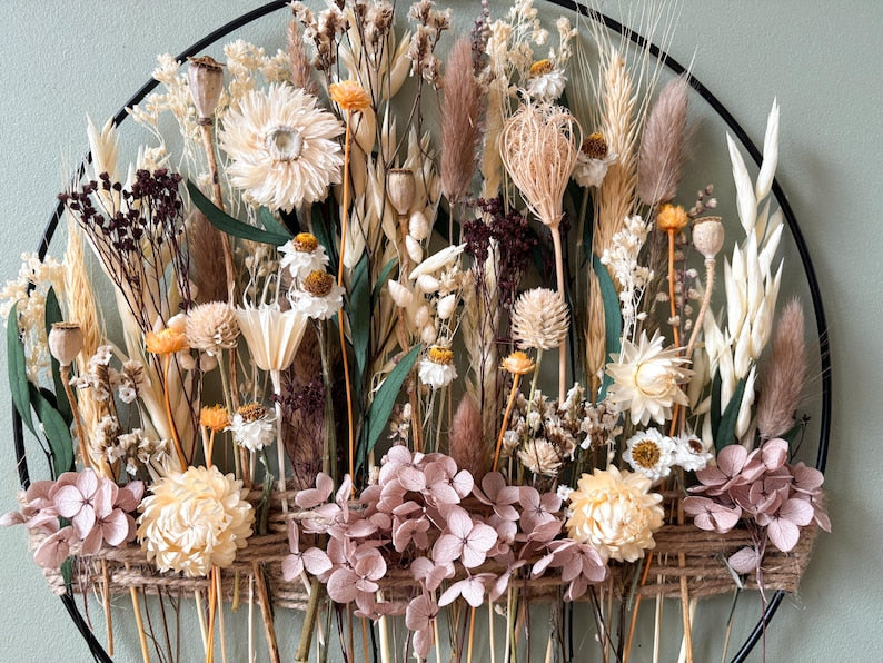 Cercle de Fleurs Sauvages Préservées et Séchées – Décoration Murale Bohème Rustique