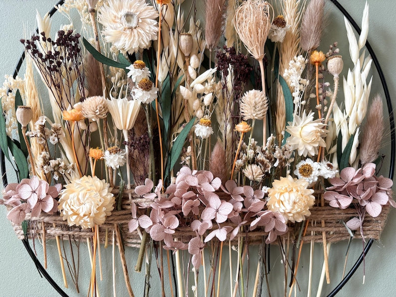 Cercle de Fleurs Sauvages Préservées et Séchées – Décoration Murale Bohème Rustique