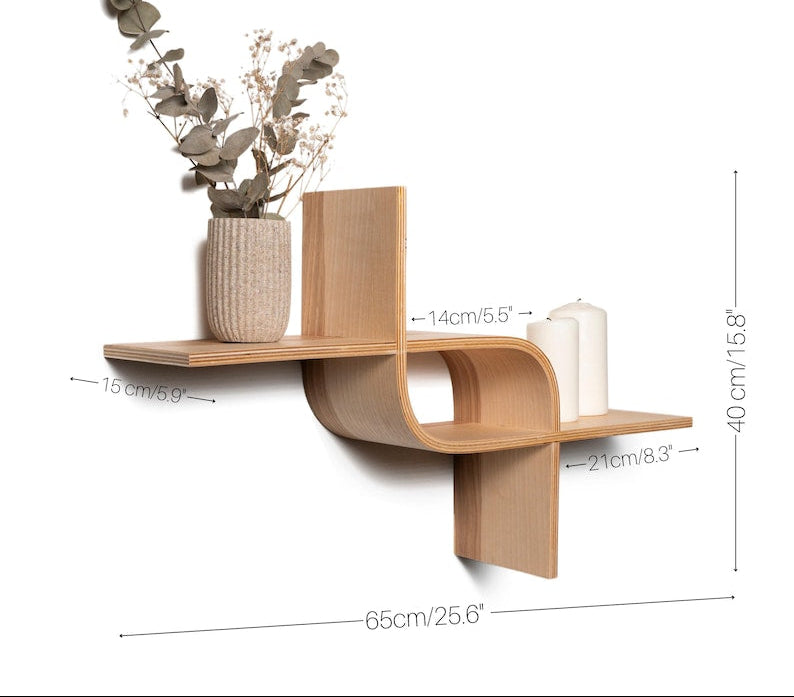 Étagère Murale Géométrique en Bois Naturel, 65x40x15 cm, Contreplaqué de Bouleau, Capacité 5 kg