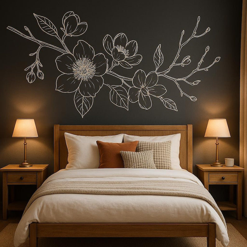 Autocollant mural magnolia floral d'angle | Décoration murale naturelle