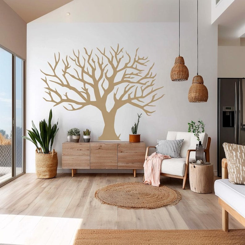 Sticker mural arbre hiver, grand arbre sans feuilles, décoration murale bohème, vinyle neutre