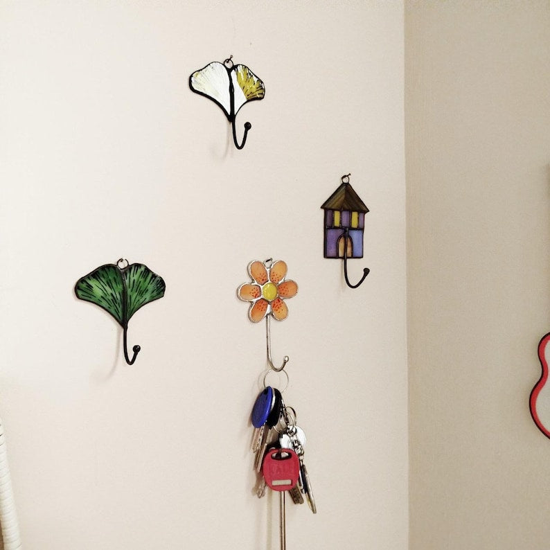 Porte-clés mural vitrail feuille de ginkgo 6,5x7 cm