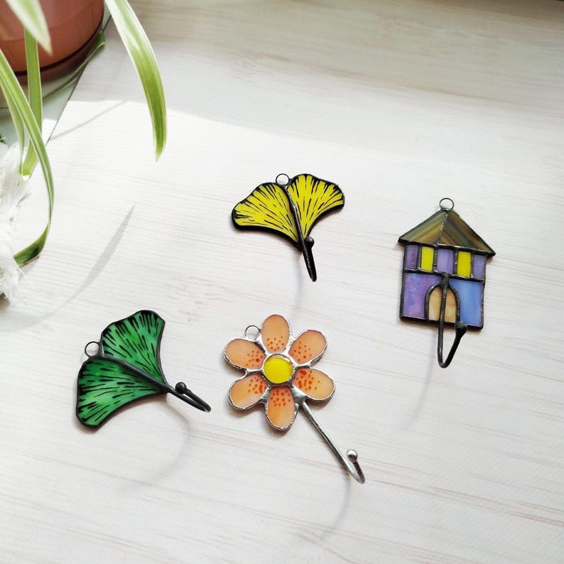 Porte-clés mural vitrail feuille de ginkgo 6,5x7 cm