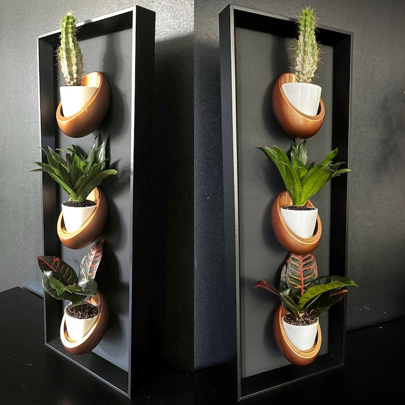 Cadre mural végétal magnétique 20x60 cm - 3 pots céramique - Support plantes noir mat