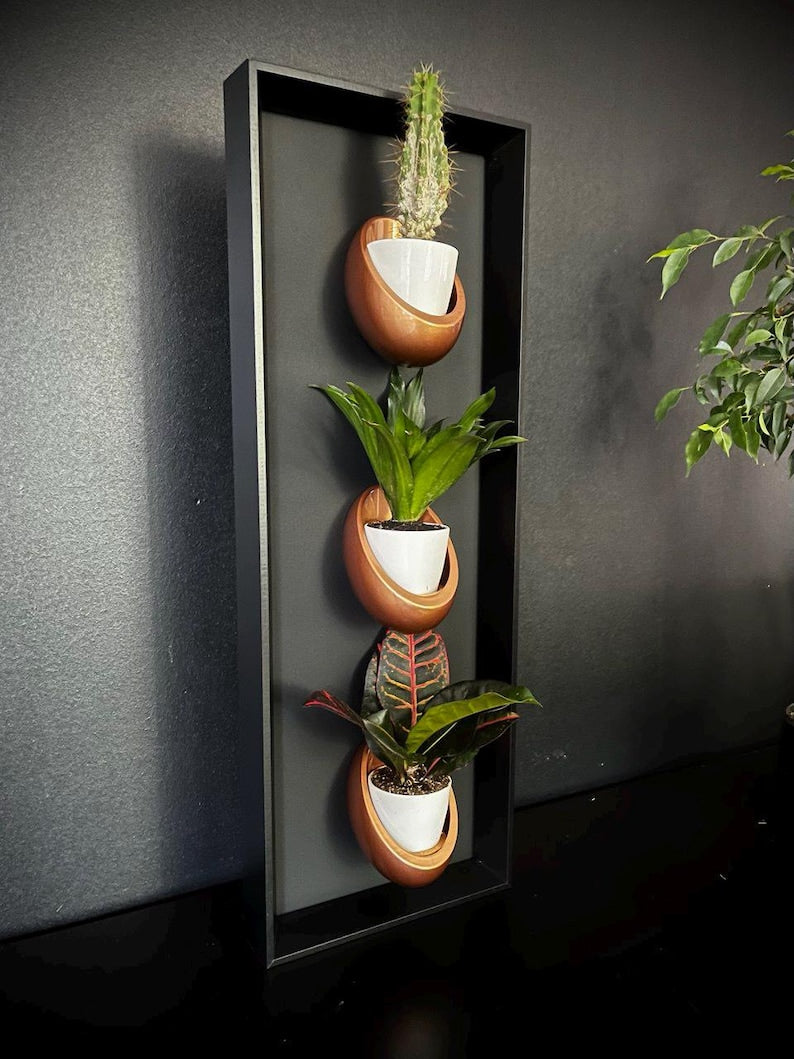 Cadre mural végétal magnétique 20x60 cm - 3 pots céramique - Support plantes noir mat