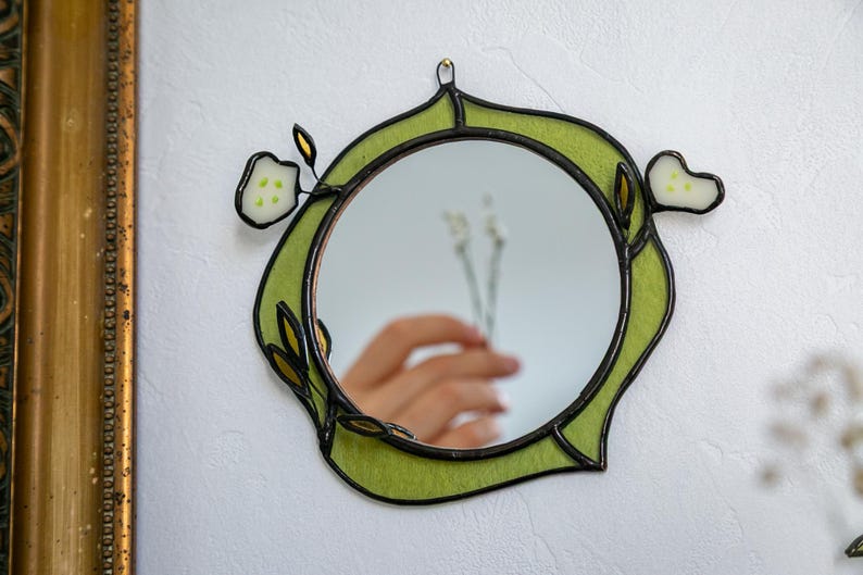 Petit Miroir Vertical en Vitrail Tiffany, 6 po., Motif Floral en Verre Fusionné
